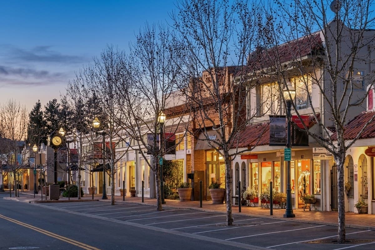 Grant Avenue in downtown Novato at twilight.